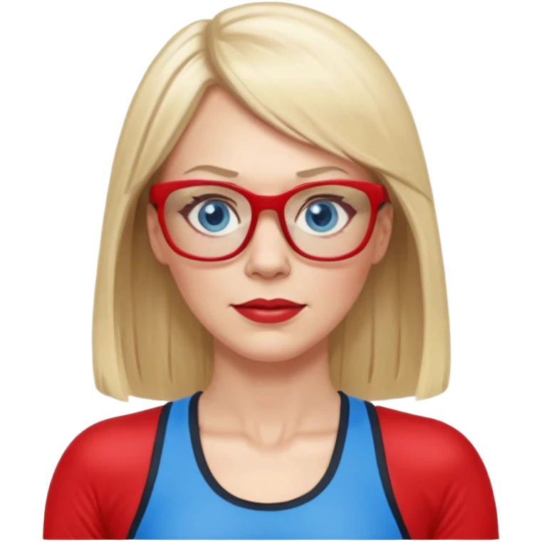 45 yr old white woman, pale skin, long straight blond hair parted in center, blue eyes, bangs, clothes for gym, big red glasses emoji