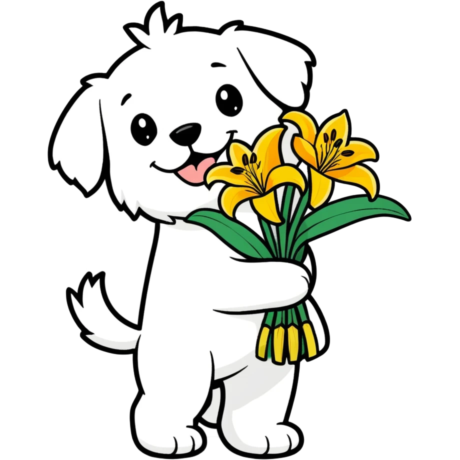 An illustration of a happy maltese dog carrying a bunch of yellow tiger lillies. emoji