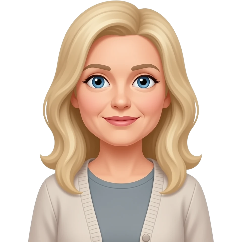 Blue eyes, fair skin, longer blonde hair, medium height, middle aged women, cardigan, grey top emoji
