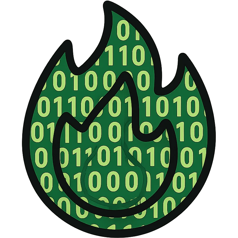 Transform the flame so it is made up of glowing binary code—zeros and ones forming the shape of the flame, vibrant and digital, with a modern look, in a lineal color icon style with black outlines. emoji
