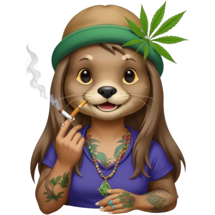 a female otter with long hair smoking a joint surrounded by marijuana fumes. a bit california hippy vibe, with tattoos and piercing emoji