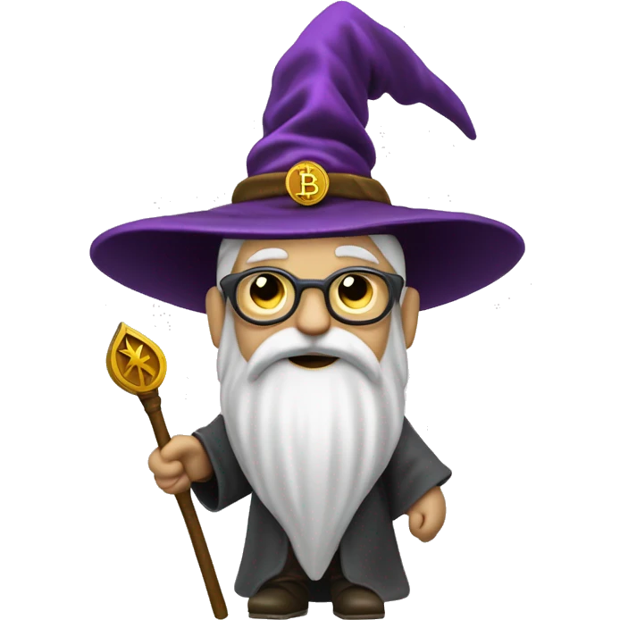 Wizard with a staff and pointed hat with a small bitcoin logo on the top of the staff emoji