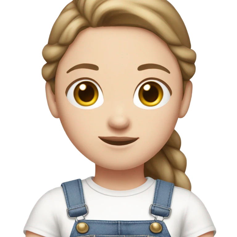 A pale skin white woman with brown hair in pony tail wearing white headband, pink t shirt and overalls  emoji