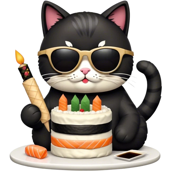 cool cat wearing sunglasses eating a birthday cake made out of sushi emoji
