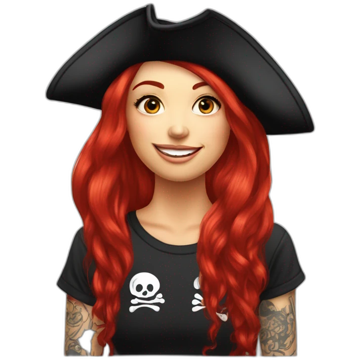 Woman long red hair hanging to one side in a platt, tattoo on side of head.  pirate hat. skull and crossbones t shirt emoji