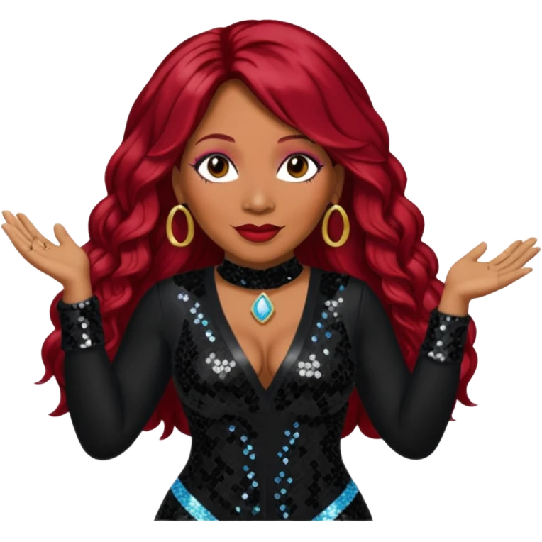 Traci Braxton with long dark red hair, black sequin outfit emoji