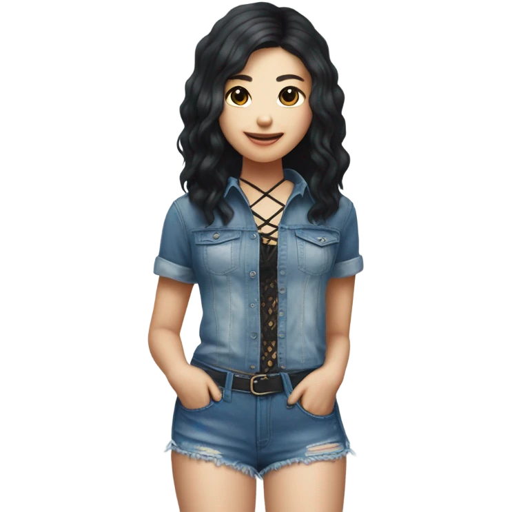 A South Korean girl with black and blue hair and Shakira lace up croc top and short jeans  emoji