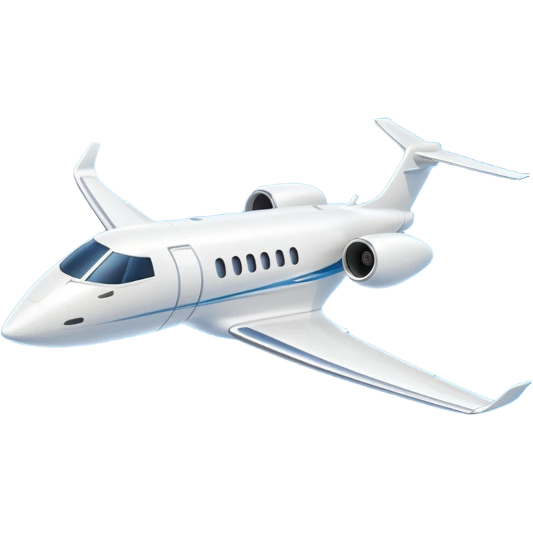 A 3D cartoon sleek white private jet flying through clear sky, sunlight glinting off fuselage, Memoji-style rendering. emoji