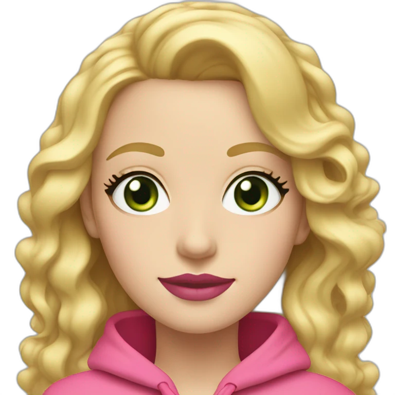  One white woman with wavy blond hair and long eyelashes and green eyes wearing pink lipstick and pink hoodie  emoji