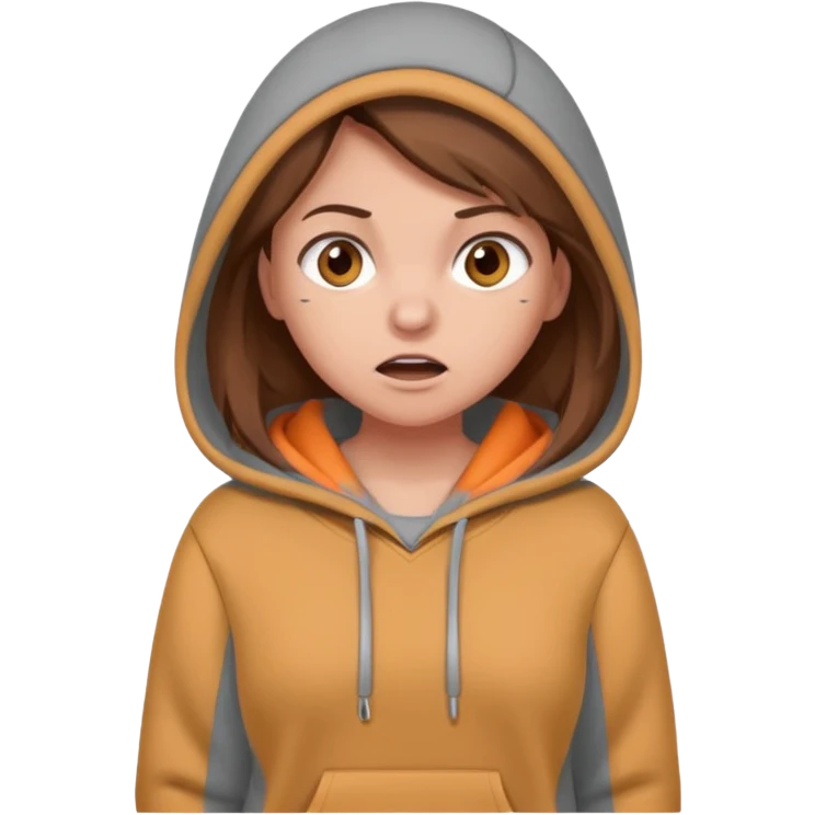 Chica grande  asustada de cuerpo completo con pelo castaño pantalones grises y hoodie gris  emoji