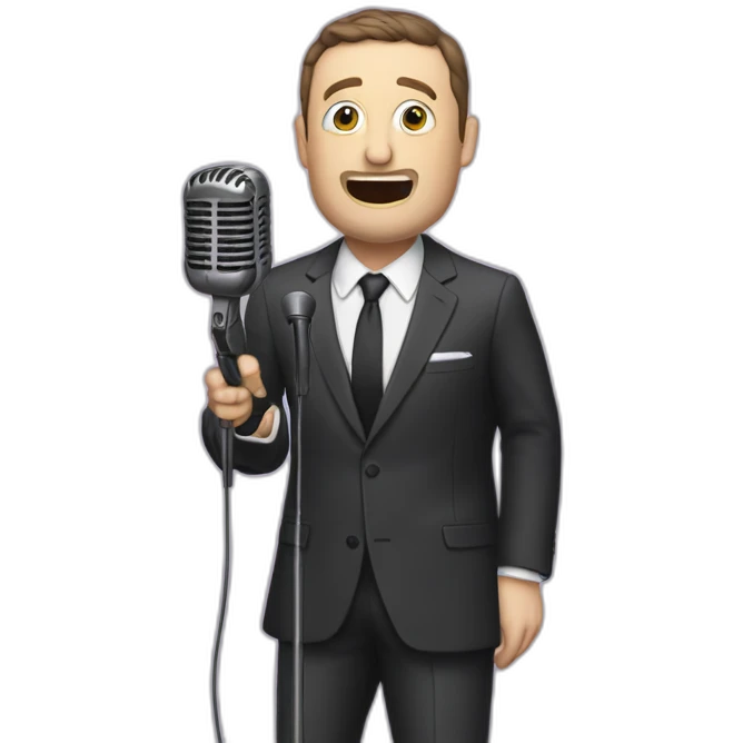 tim robinson in suit singing into microphone stand (full body, ios17, sad) emoji