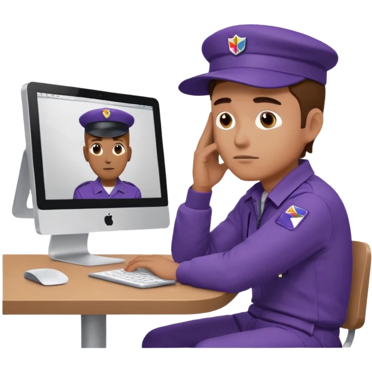 emoji of a man sitting at the table with an imac on it, a man is sitting in a very thoughtful pose, he has his hands on the table and his head resting on themб he look into the screen of imac, he is dressed in FedEx uniform with a cap emoji