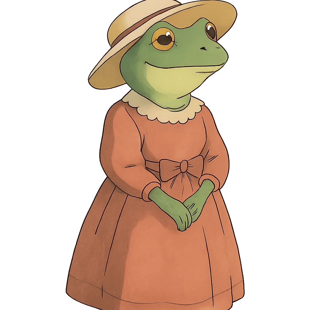 elegant frog Sofia Froge wearing a dress in ghibli style emoji