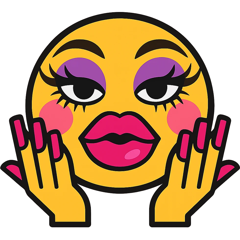 glamorous emoji with fake nails, long lashes, big lips, and full makeup emoji