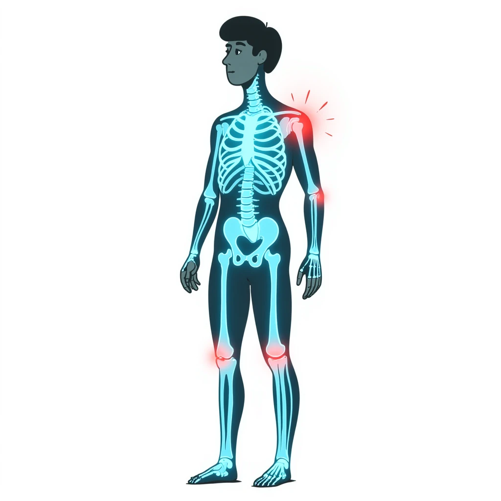 Medical illustration: glowing human body silhouette with highlighted joints, cool blue and green healing energy radiating outward, red inflammation areas being neutralized by blue light, clean clinical aesthetic, futuristic background emoji