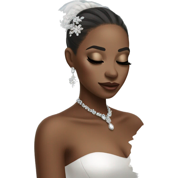 African bride. Glitter makeup. Sleek low ponytail. Silver jewelry. Holding flowers. Eyes closed. emoji