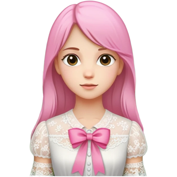  A girl with straight hair, a pink ribbon in her hair, and a white lace blouse, standing in a blooming garden. emoji