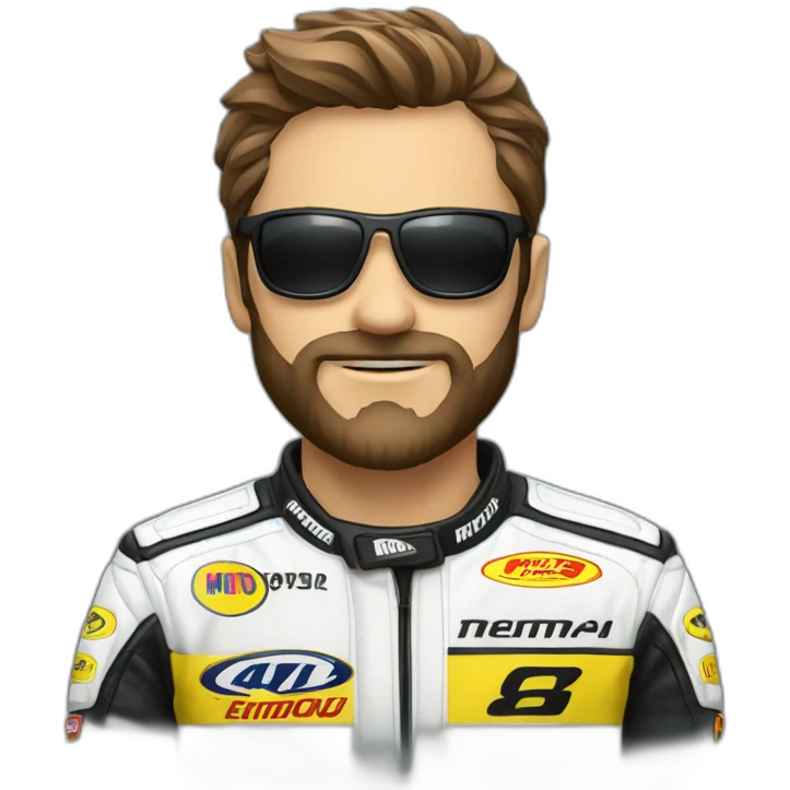 homem com barba roupa de piloto de moto gp emoji