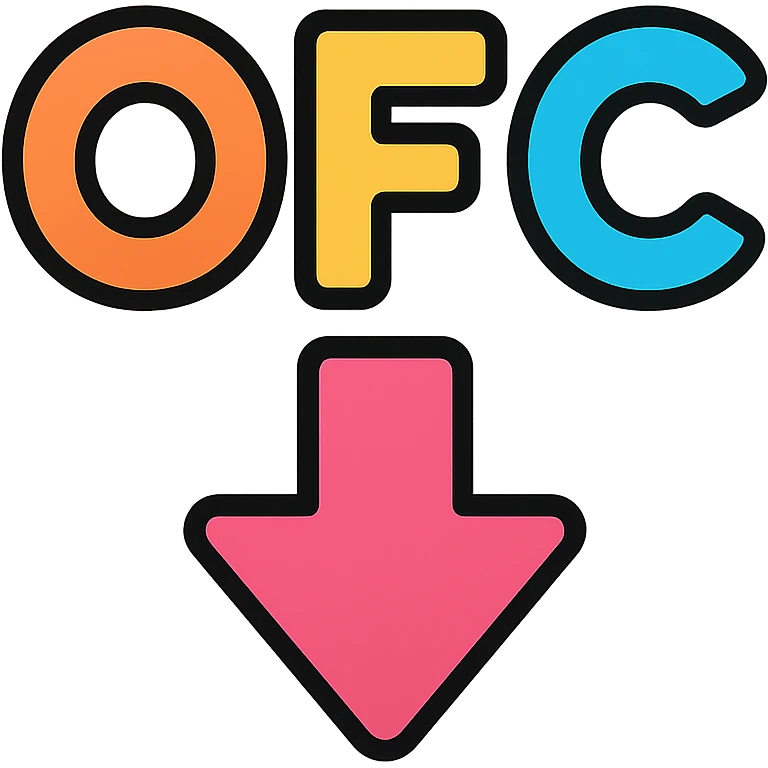 Letters OFC with a downward arrow underneath, each letter in a different bright color emoji