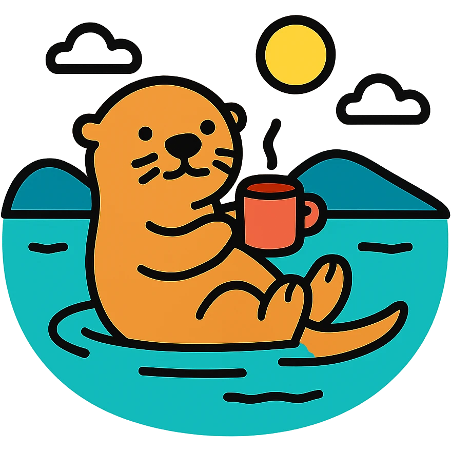 minimal flat icon style otter floating on a lake and drinking a coffee emoji