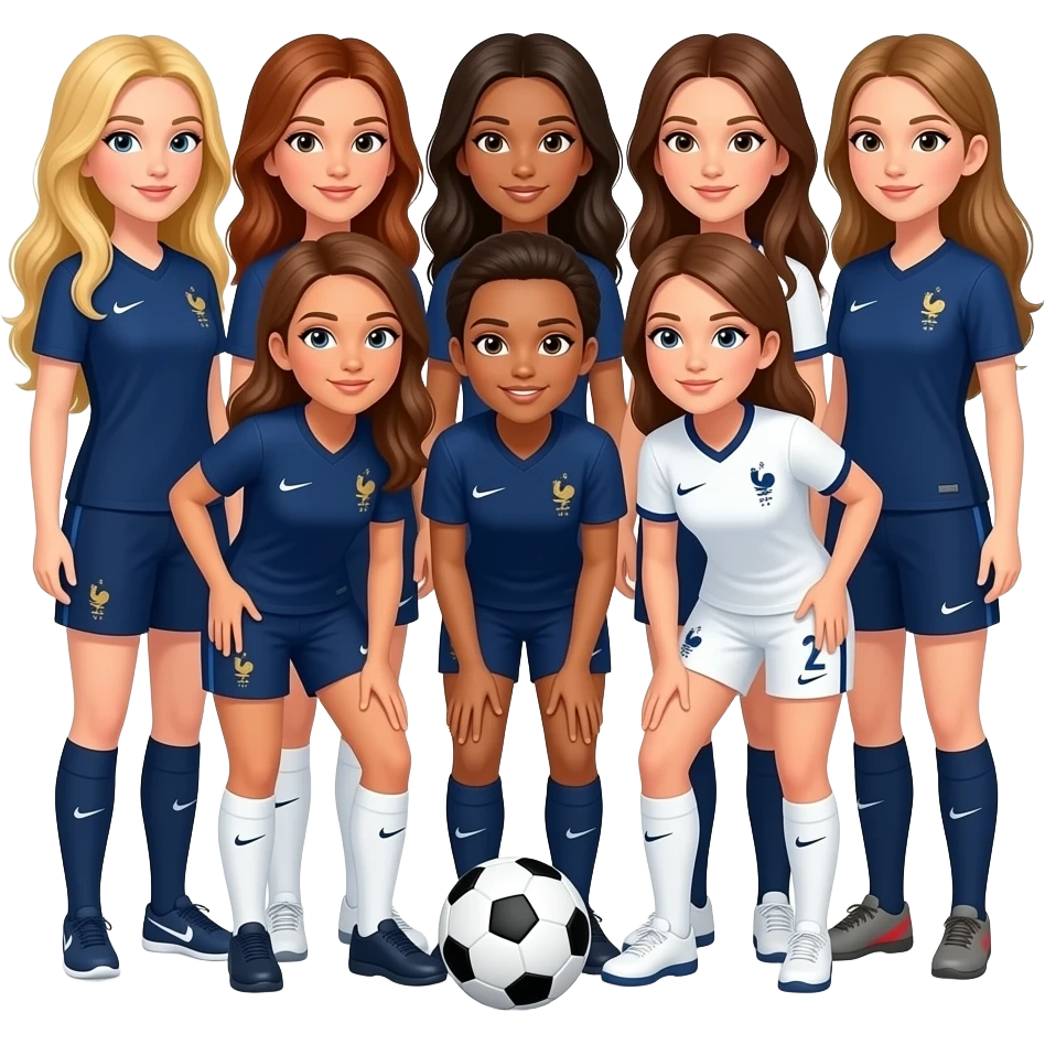 A team of 7 women playing soccer in France in a V shape : one long blond hair white skin, one auburn long hair white skin, one with caramel-colored skin and chestnut hair, two with chestnut long hair white skin, one with brown middle hair white skin, one with brown long hair white skin emoji