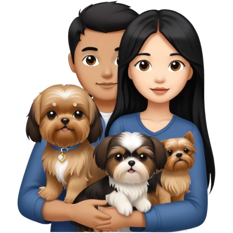 A beautiful Asian girl with long black hair is holding a Yorkshire Terrier. She is standing next to her brown skinned boyfriend, who is holding a Shih Tzu. They are each holding one dog each emoji