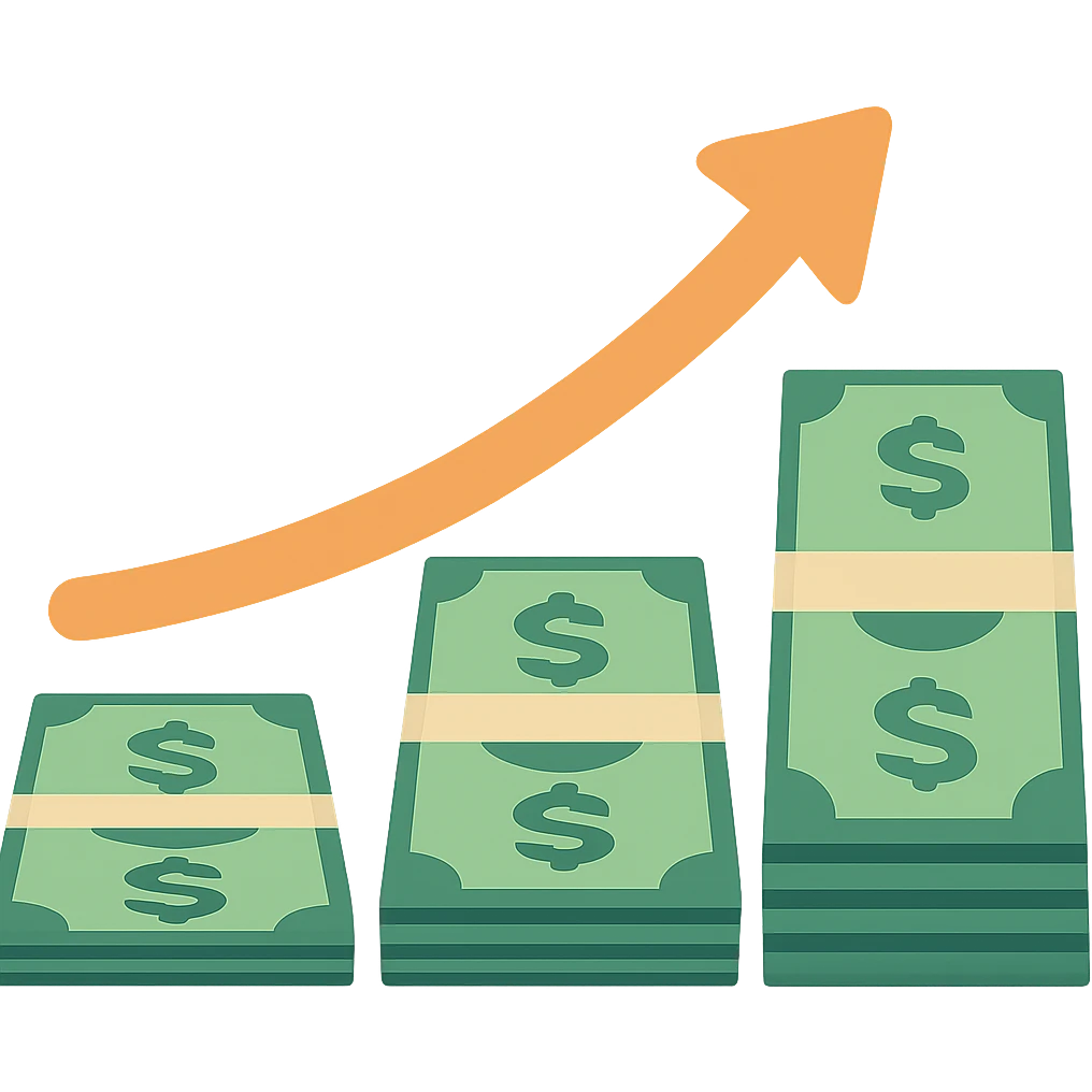 flat design style upward trending arrow beside three stacks of bundled dollar bills in ascending height emoji