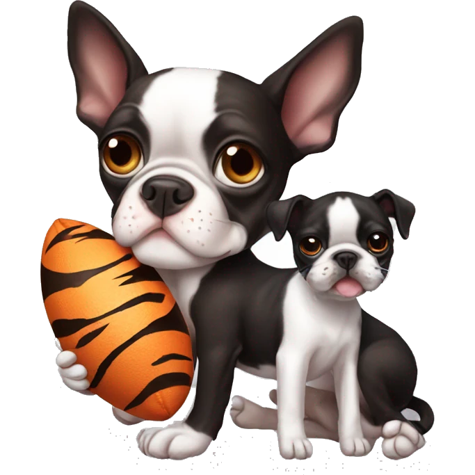 Boston terrier holding stuffed tiger emoji