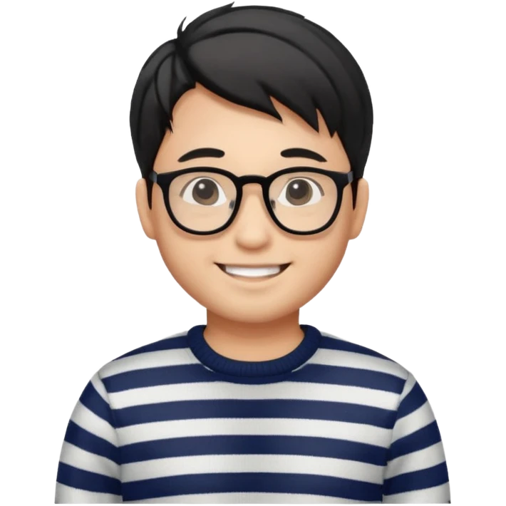 asian man with black curtains styled hair in striped sweater standing smiling and in glasses emoji