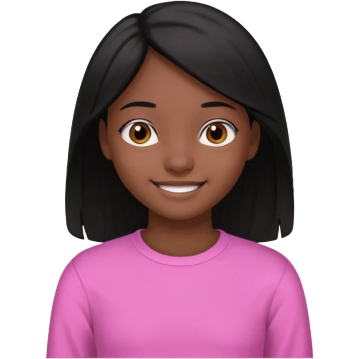 A portrait of a 14-year-old girl, he's got black hair, darkish skin and brown eyes. she's wearing a pink longsleeve. She's smiling a bit emoji