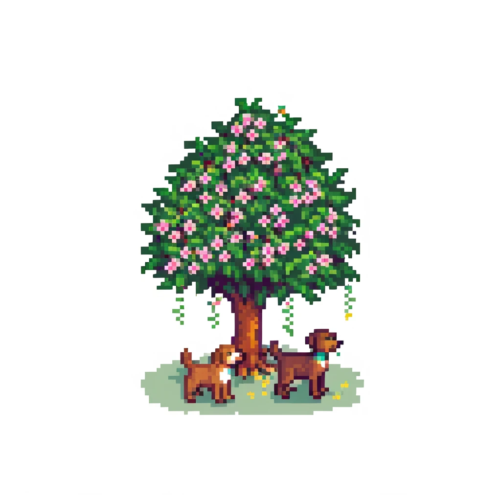 blooming tree with dogs playing around it emoji
