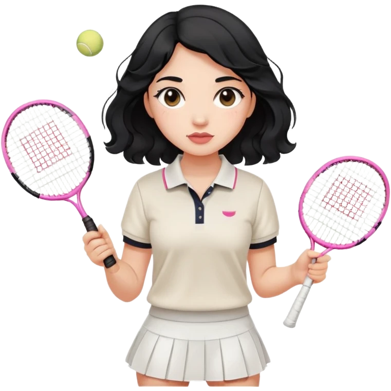 A girl with soft, gentle black hair with waves. She's wearing a white polo and tennis skirt, holding a badminton. She has really long lashes, slightly plump and pink lips as well as blushy cheeks. emoji