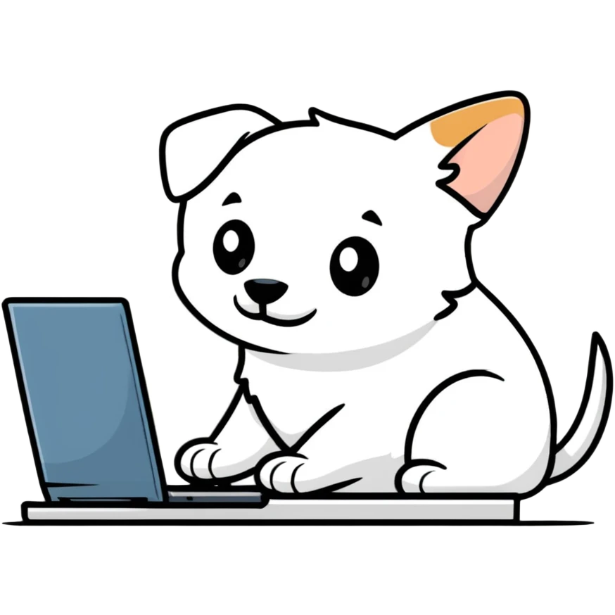light-colored dog as a graphic designer, sitting at a computer, working on a design emoji