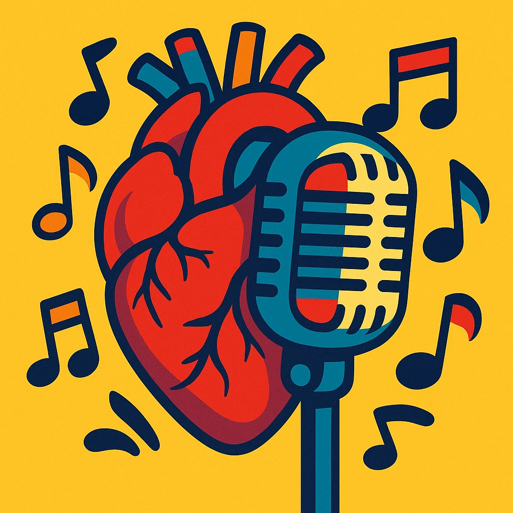 anatomical heart combined with an old-school microphone and music notes, vibrant, clear composition emoji