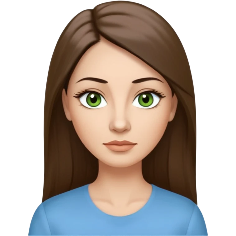 43 year old Adult woman avatar, light skin tone, long, oval face, long straight ashy brown hair, green almond-shaped eyes with dramatic eyelashes and minimal eyeliner, neutral mouth, medium straight eyebrows, small nose, smooth skin, sky blue blouse emoji