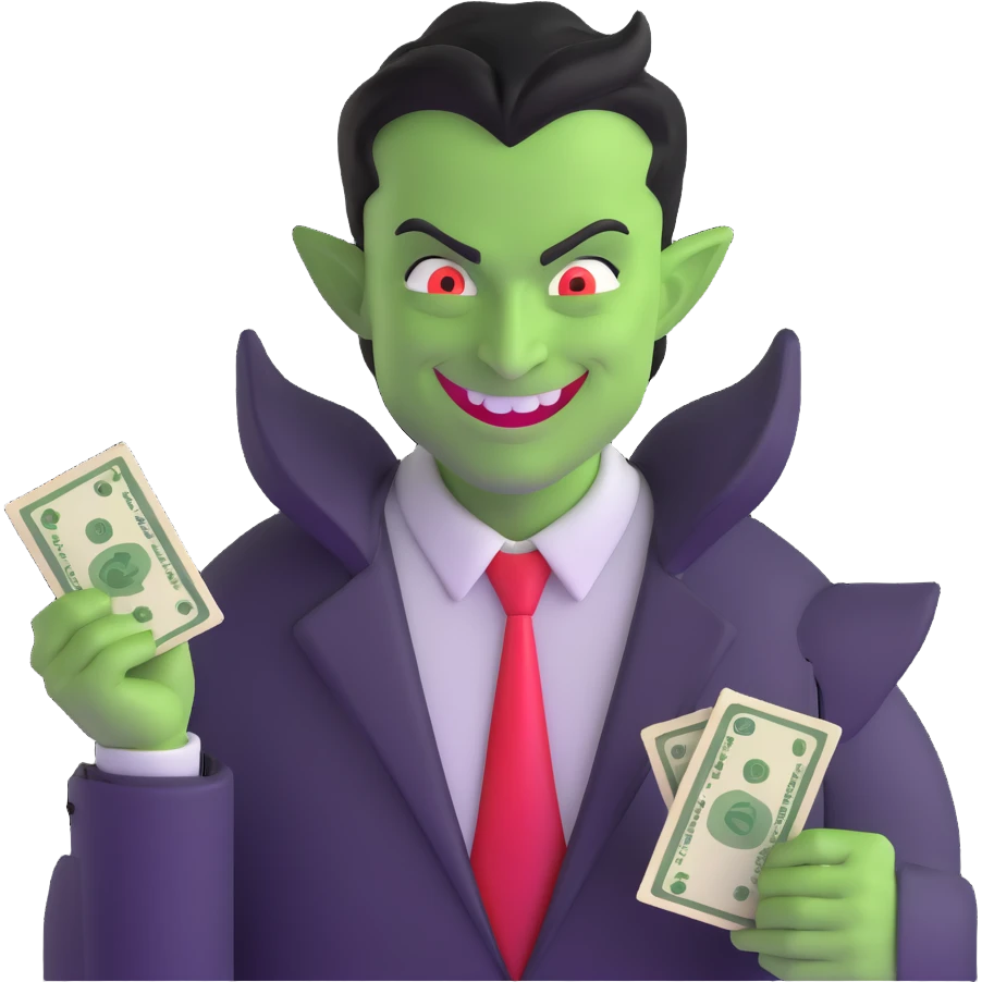 sinister demon salesman counting money with evil smile emoji