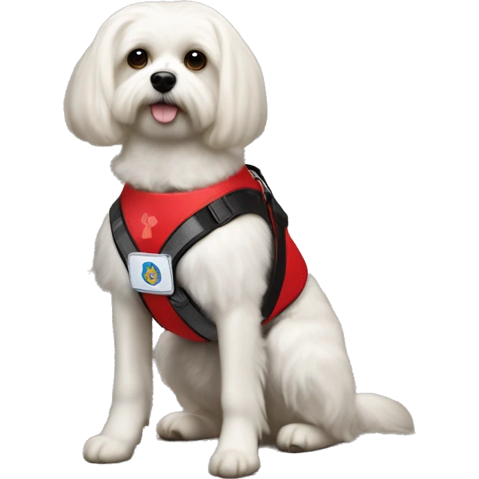Maltese service dog wearing a red service dog vest with to bleck straps one in the front one around the belly  emoji