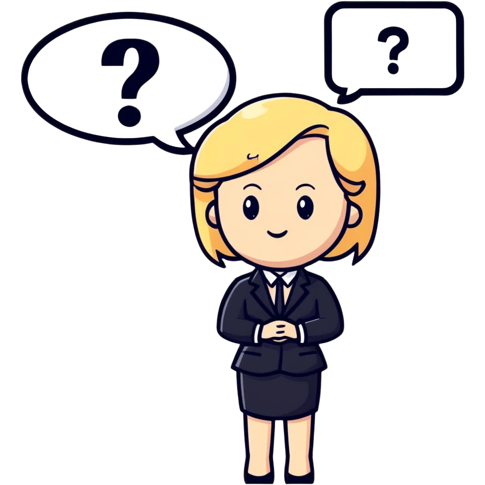 blonde haired white woman in a black formal suit with a white speech bubble containing a black question mark next to her head emoji