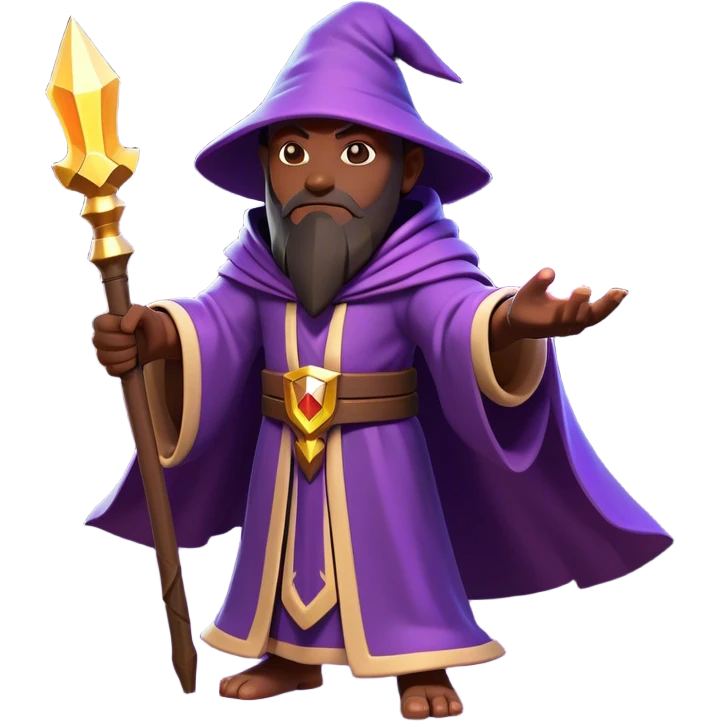 Clash of Clans aesthetic: Cinematic heroic powerful fire Wizard Hero  close up Emoji, rendered in a 3D vector-style similar to standard emojis with minimal shading and bold, simplified shapes. A compact, isometric figure draped in flowing enchanted robes and wielding a mystical staff, softly glowing with an arcane magical charm. Simplified yet unmistakably iconic, highly detailed and consistent, glowing with a soft radiant glow and high shine. Stylized with a touch of whimsical sorcery and a soft glowing outline, capturing the essence of a powerful wizard ready to cast spells with a friendly, playful spirit! emoji