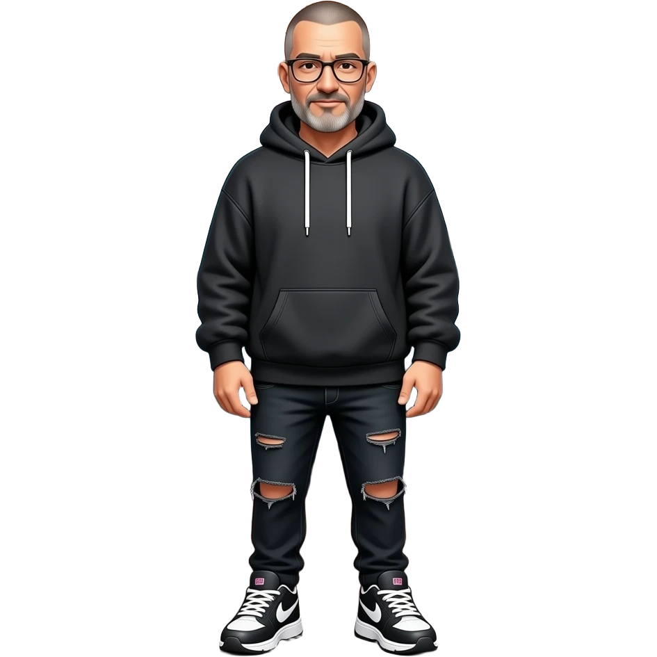 shaved short hair full-length photo of extreme streetwear clean-shaven face cool boy metal-framed glasses ery entellectual man, 65 years old, street wear stubble, shaved short with clippers emoji