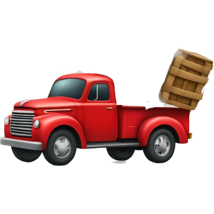 Old red truck carrying a Christmas tree emoji