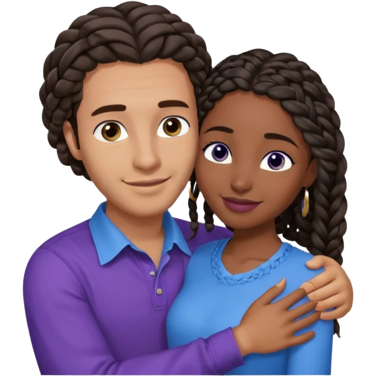 Boyfriend who is middle Eastern olive skinned with blue eyes and wavy straight brown hair in a blue shirt and his African girlfriend who is very black skinned, juicy lipped with black braided hair and the two are hugging and smiling hugely she’s wearing purple and she has black eyes emoji