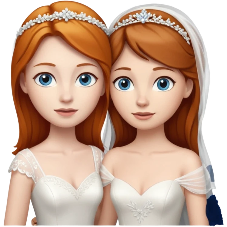 A ginger woman with blue eyes, marrying a taller woman with brown hair and hazel eyes, both in wedding dresses. emoji