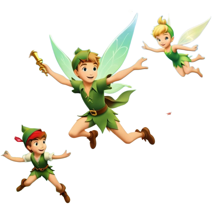 An icon representing an adventure game, inspired by whimsical fantasy. The design features Peter Pan soaring through the sky with Tinker Bell beside him, leaving a shimmering trail of pixie dust. Below, Neverland’s lush jungles and pirate ships create a backdrop of magic, adventure, and endless youth. Transparent background. emoji