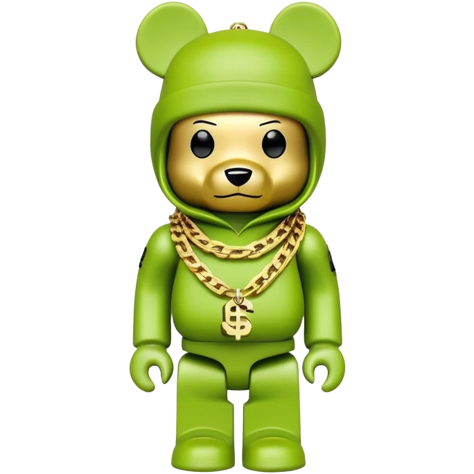 bearbrick with cube head in lime green balaclava tagged with multiple logos in graffiti style, wearing stacked gold chains, gold dollar sign pendant, luxury hip hop look emoji