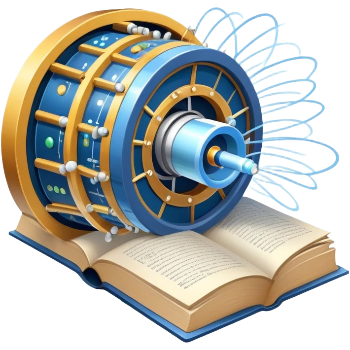 An icon featuring a physics textbook, a large Hadron Collider with particles flying off, symbolizing the study of physics. The design includes atomic models, energy waves, and scientific formulas, representing fundamental physical principles and research. Transparent background. emoji