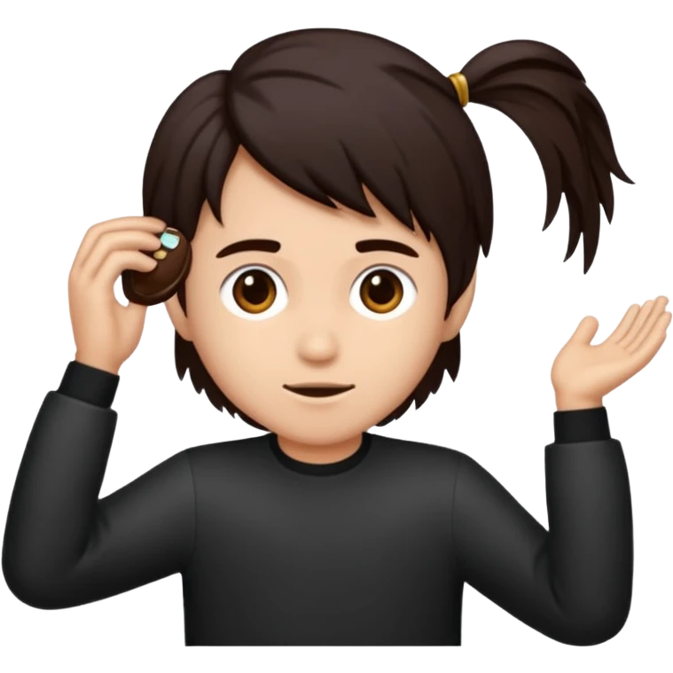 Emoji iPhone seorang pria dengan rambut hitam, dengan poni, mengenakan atasan jas berwarna coklat kehijauan , mata gelap  emoji