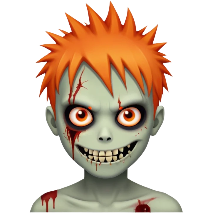 boy zombie with orange skin, orange spikey emo hair, black and red eyes, bloody smile, menacing emoji