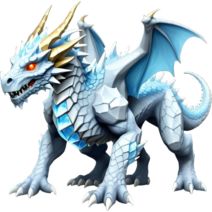 This extraordinary hybrid creature combines the elemental power of an ice dragon with the raw physical might of a stone golem. Its core body resembles a cluster of angular, faceted stones that have been infused with magical ice energy. The creature's head features a draconic shape with curved horns and piercing amber-gold eyes, but parts of its face retain the jagged stone texture. Blue-white energy flows between the gray rock segments, creating glowing lines throughout its body. The creature has developed partial wings made of crystalline ice formations extending from its rocky frame, and its tail alternates between stone segments and ice spikes. Sharp teeth line its mouth, some appearing as polished stone, others as ice crystals. Frost continuously emanates from its body, and when it moves, it creates a distinctive sound of grinding stone and crackling ice. full body emoji