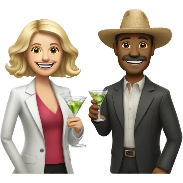Mexican man and white woman holing a pill (medication) in one hand and a glass of martini in the other hand smiling and cheering emoji